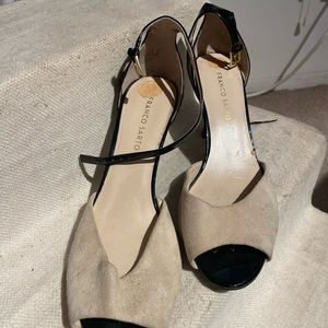 Franco sarto tan suede and patent Leather open toe heels